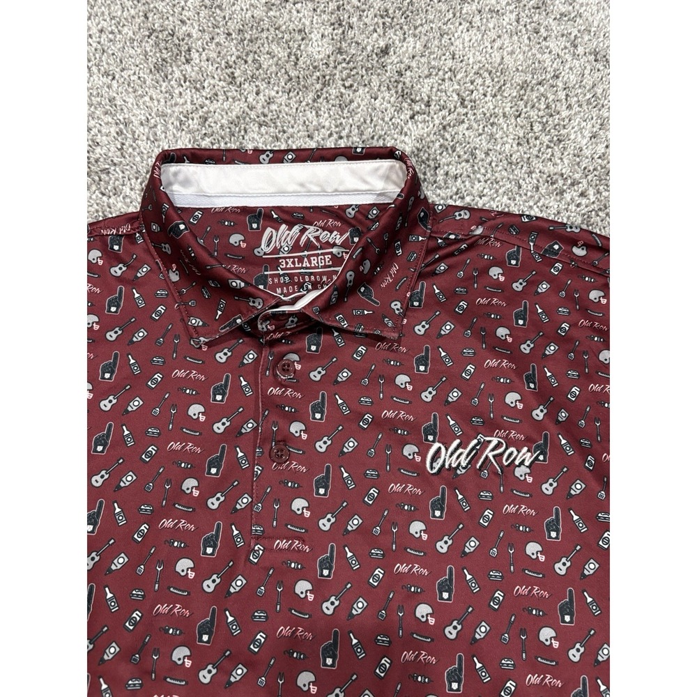 Old Row Golf Polo Mens 3XL Performance All Over Print Guitar Grilling Maroon